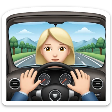 Crea un emoji con fondo transparente en PNG de una persona manejando un vehículo, que se vea desde el parabrisas frontal. sticker