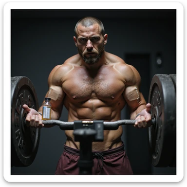 realistic powerlifter athlete during deadlift, syringe and bottle of AAS near weights, doubtful look, very developed muscles, isolated on white background sticker