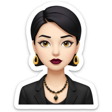“Emoji girl, sculpted contour, bold dark lipstick, defined brows, sharp eyeliner, sleek black hair updo, statement necklace, black blazer.” sticker