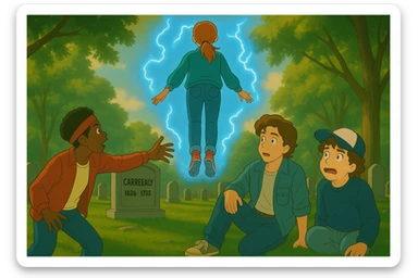 Max from Stranger Things levitating above a grave in a cemetery, seen from behind and in front of Lucas, Steve, and Dustin. Lucas is getting up and reaching out to help Max, Steve is watching, and Dustin looks scared. Render in Ghibli style with wide aspect ratio (16:9), supernatural glowing effects, expressive and cinematic atmosphere. sticker