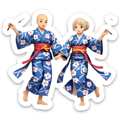 Cinematic Realistic scene of two performers engaging in Bon Odori, dressed in traditional yukata with intricate summer patterns, captured in graceful, rhythmic motion with warm, festive lighting sticker