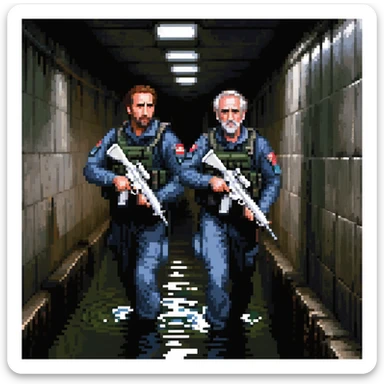 a SNES box art image of navy seals nicholas cage and sean cohnery sneaking through a dark sewer holding 2 mp5's, blue and orange color schemecutscene graphic - 3/4 side perspective sticker