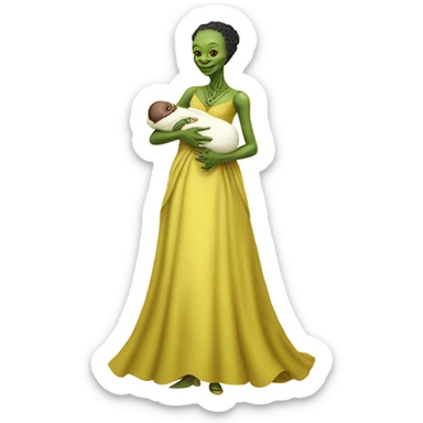  Reptilian alien woman smiling, full body, in victorian jellow elegant dress, holds a newborn white humman baby sticker