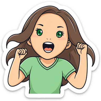 white girl, long brunette hair, green eyes screams with delight and rejoices in victory sticker