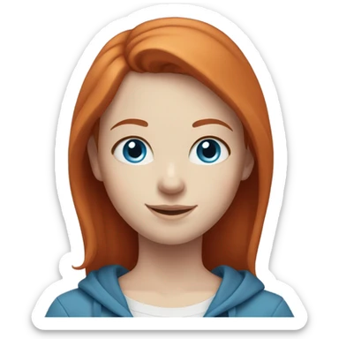 Red haired girl with blue eyes and pale skin wears a blue hoodie. She is smiling. sticker