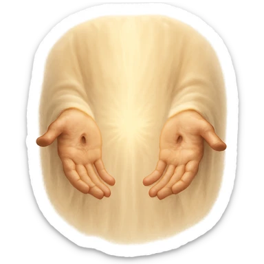Resurrected Jesus' hands, gentle scars in the center, symbolizing hope and forgiveness, serene and holy, spiritual atmosphere sticker