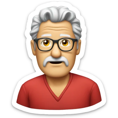old man with mullet hair mullet goatee necklace shrugging shoulder glasses red shirt sticker