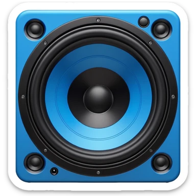 Vector style emoji, large subwoofer speaker with visible vibrating sound waves, electric blue lightning bolts popping out, flat design, bold outlines, white background. sticker