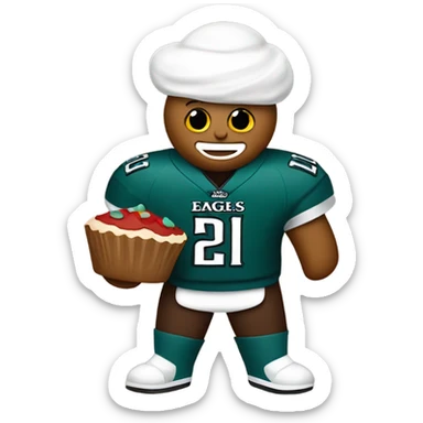 Gingerbread man making cupcakes wearing an eagles jersey sticker