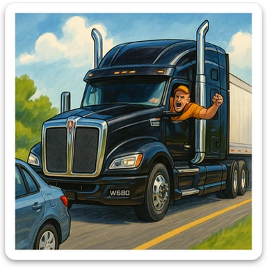 2026 Kenworth W680 semi sleeper truck, black with chrome stack, on a road behind a car. The driver is angry, bald, wearing an orange shirt and a baseball cap, with arm out the window. Colorful and expressive scene with clear road and vehicles. sticker