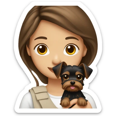 girl with brown hair and brown eyes holding a yorkie sticker