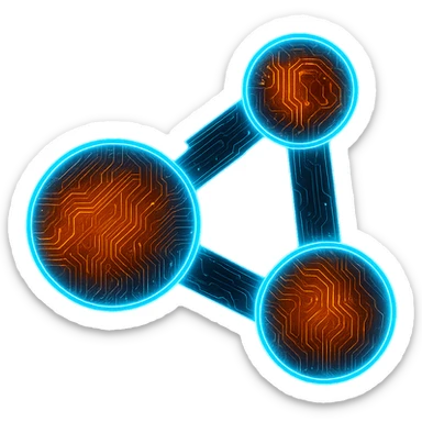 Transform the BeamNG logo into a cyberpunk, holographic style with glowing neon blue and orange edges. Add intricate circuit patterns throughout the three orange circles and black connectors. Maintain the recognizable three orange circles and black connectors, overlaying neon and circuit effects in a futuristic, clean cyberpunk style with consistent glow and intricate circuit details. The background should be transparent. sticker