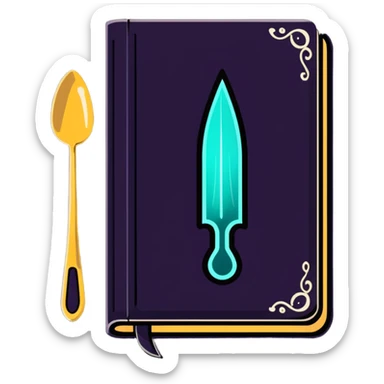 Fantasy spellbook-style cookbook with ethereal fork and spoon symbol glowing on the cover, magical recipes collection sticker