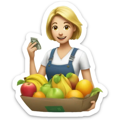 women with money in her hands buying fruit sticker
