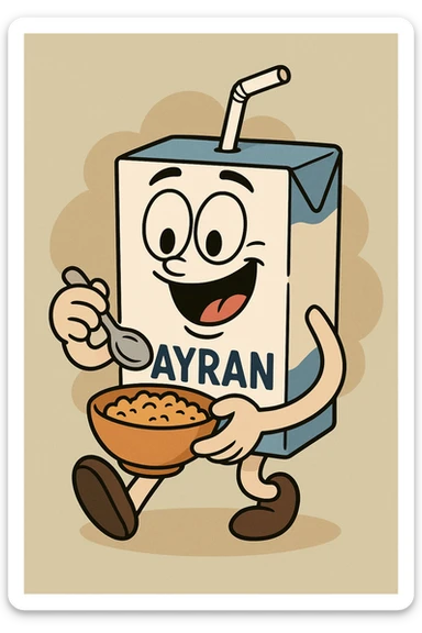 Ayran kutusu, mutlu şekilde yemek yerken, çizgi film tarzında, flat toon style sticker