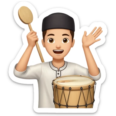 person enthusiastically beating a drum and shouting 'tung tung tung sahur', festive and energetic, Ramadan sahur wake-up call sticker