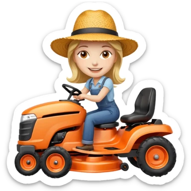 White woman without glasses wearing a straw hat, on orange ride on lawn mower.  sticker