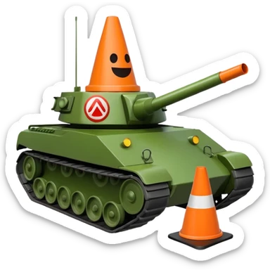 green military tank running over a traffic cone with a face, cone visible under the treads, emoji style sticker