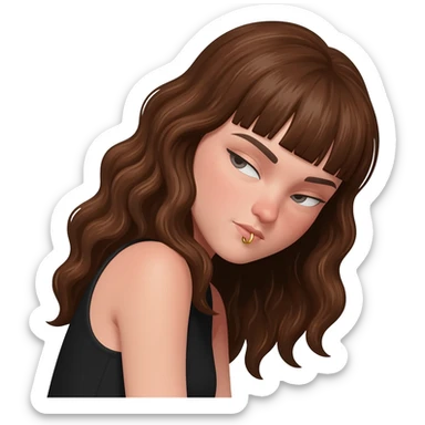 Make her head lean even more forward and make it a girl with long brown curly hair and bangs and a septum gold hoop sticker