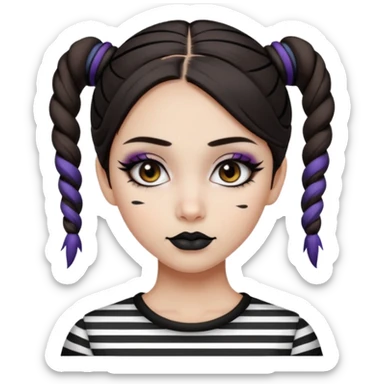 generate a pretty fair bratz girl with dark brown eyes. Dark brown hair straight hair with coloured highlights tied into buns.  eyeliner. black lipstick. Wearing a white and black striped top sticker