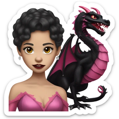low cut back black evening gown with see-through gloves, Jenna Ortega as Addams woman prom queen wearing a mini tiara, very large blood  pink evil-looking horned old dragon companion sticker