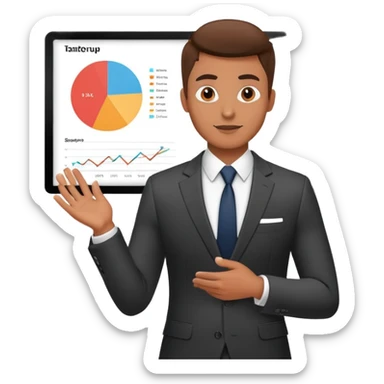 Cool guy in suit presenting a startup pitch deck with charts and graphs sticker