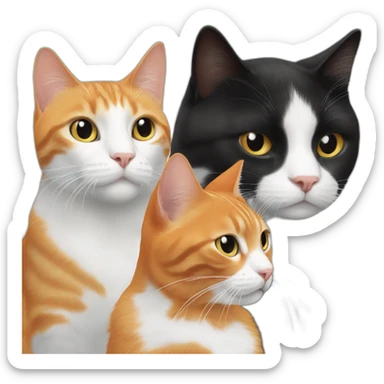 Orange cat with white on face next to two black and white cats sticker
