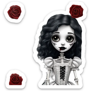 SILVER LANDSCAPE PICTURE WITH FRAME: full body, hyper realism, full height skeleton, tim burton "corpse bride", thin porcelain doll with a cracked face, goth makeup watery eyes, long hair, lace and ruffles, lolita style, inked, black and white, red roses sticker