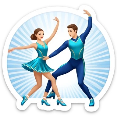 Icon for Sports Dance: a couple performing an energetic and synchronized dance, dressed in competitive dance attire, dance shoes, a rhythmically placed dance floor, and a competition backdrop. The icon should capture the athleticism, technique, and precision of sports dance. Transparent background. sticker