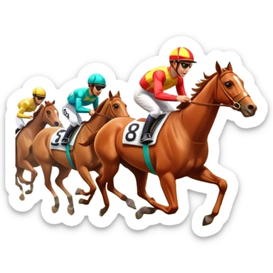 A 3D cartoon horse race scene with jockeys in motion, grassy track, bright daylight, Memoji-style rendering. sticker