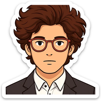 Make the hair much bigger on the face of a man with a lot of brown hair and red glasses, keep the style the same. Remove the background to isolate the subject. sticker