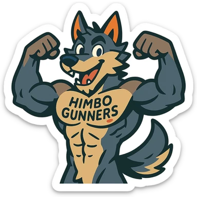 very muscular wolf furry, shirtless, 'Himbo Gunners' tattooed on chest, flexing pose, energetic and playful sticker