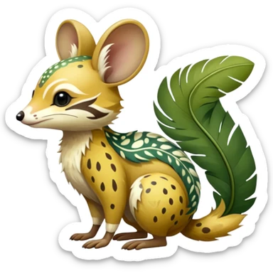 Tropical Exotic Colorful Beige-yellow, Jade-green, white specks, Floral Feathery Numbat-Bilby-Quoll-Furret-Fakémon-furry-fursona-creature (full body) with tribal markings sticker