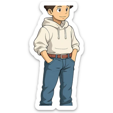 1 male, mid fade haircut dark chestnut brown curly hair, toasted lightskin, white hoodie sleeves up, fashion jeans, red fashion-sneakers shoes, red belt,  style of deku from "my hero academia" sticker
