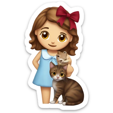A girl with brown hair en brown eyes hugging a tabby cat kitten with a wine red bow on her head sticker