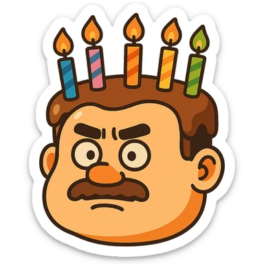 cartoon style cake shaped like Bald Qiang's head with birthday candles sticker