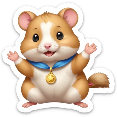 Cute cartoon-style hamster throwing confetti, holding a tiny medal, joyful expression. Painterly shading, white background, sticker-style illustration sticker