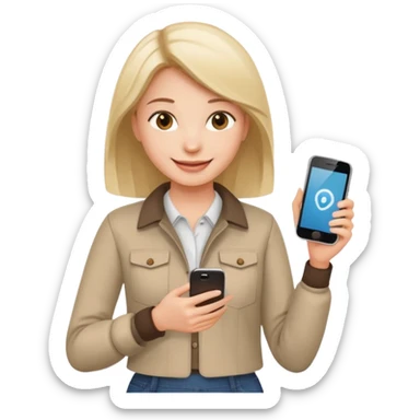 woman casual clothes holding just one phone in one hand and the other hand empty sticker