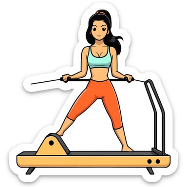 woman with bra, tanned long black hair, doing Pilates reformer sticker