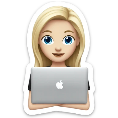 a girl with fair skin, light hair and blue eyes in a black shirt holds a MacBook sticker