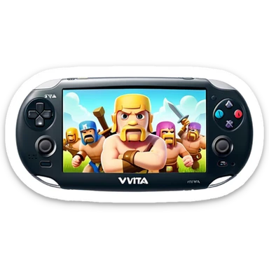Clash of Clans aesthetic: Cinematic Playful PlayStation Vita Portrait Emoji, rendered in a 3D vector-style similar to standard emojis with minimal shading and bold, simplified shapes. A compact, distinct form with signature details, softly glowing with a cutting-edge console technology charm. Simplified yet unmistakably iconic, highly detailed and consistent, glowing with a soft radiance and high shine. Stylized with a touch of technological advancement and a soft glowing outline, capturing the essence of a beloved gaming relic with a friendly, playful manner! sticker