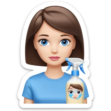 Barbie girl with makeup, blue eyes , and bob long haircut, short brown hair in creamy color T-shirt, face Wash Cream sticker