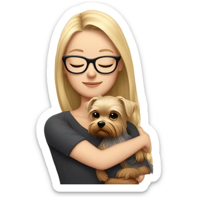 White girl, blonde hair, eyes closed, wearing glasses hugs Yorkshire terrier  sticker