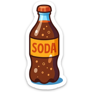 3D illustration of a soda bottle, classic shape, with bubbles and a shiny label, playful style sticker