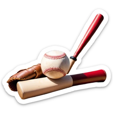 A baseball bat, ball, and glove resting on the ground, set against the backdrop of a baseball field. The scene captures the iconic equipment of the sport, with the field in the distance and a bright sky above, evoking the spirit of the game. sticker
