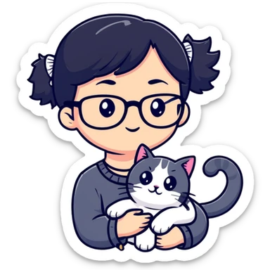 Girl with black hair wearing glasses holding a black and white cat sticker