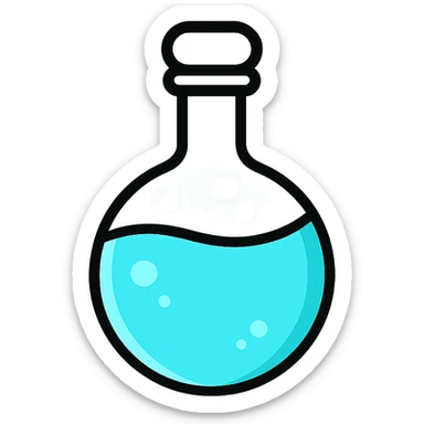 minimalist and modern Discord role icon of an elegant elixir bottle with a spherical base, floating, glass effect, filled with #6fe8f3 liquid, professional look sticker
