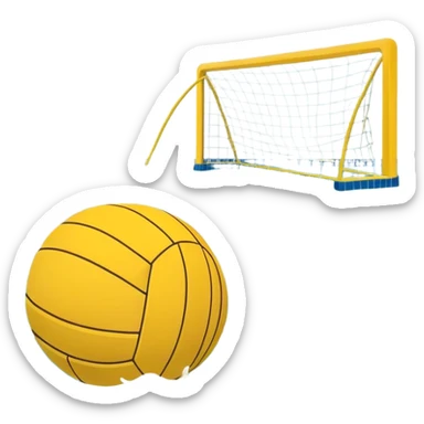 An icon featuring a yellow water polo ball floating on the water with goals in the background, inside a swimming pool. The design includes splashes and ripples, symbolizing the fast-paced action and strategy of water polo. Transparent background highlights. sticker