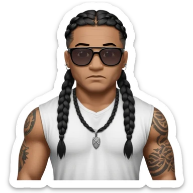 Samoan male. Chin hair only..
Untucked loose fitting white t-shirt. 
long black braided hair.
very muscular.
Even More tattoos. 
Tough and menacing.
Dark black square sunglasses. sticker