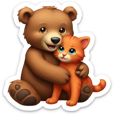 brown bear cub hugs red cat sticker